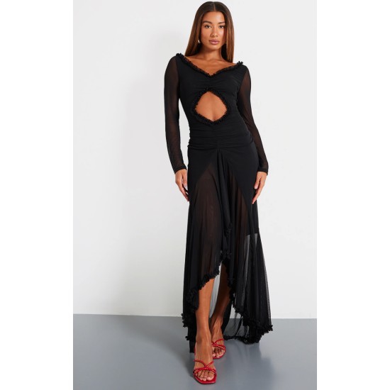 Black Mesh Long Sleeve Frill Detail Cut Out Maxi Dress Black Mesh Long Sleeve Frill Detail Cut Out Maxi Dress