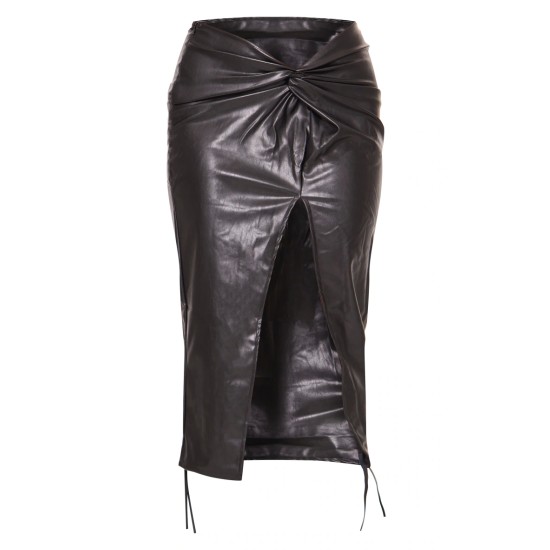 Black Faux Leather Twist Detail Front Midi Skirt Black Faux Leather Twist Detail Front Midi Skirt