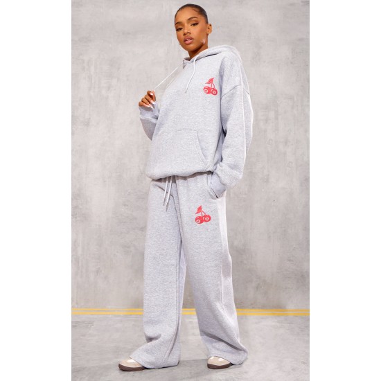 Grey Marl Cherry Print Oversized Wide Leg Sweatpants Grey Marl Cherry Print Oversized Wide Leg Sweatpants
