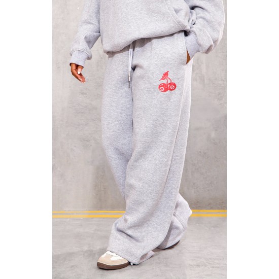 Grey Marl Cherry Print Oversized Wide Leg Sweatpants Grey Marl Cherry Print Oversized Wide Leg Sweatpants