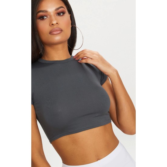 Basic Charcoal Grey Short Sleeve Crop T Shirt Basic Charcoal Grey Short Sleeve Crop T Shirt