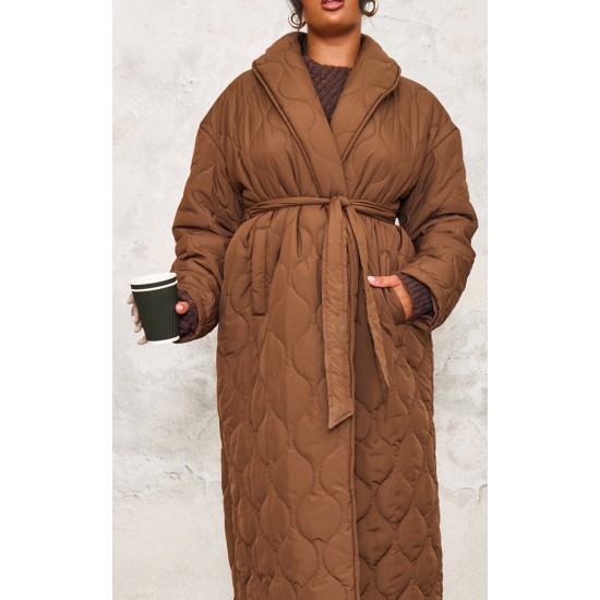 Plus Dark Brown Maxi Belted Quilted Coat Plus Dark Brown Maxi Belted Quilted Coat