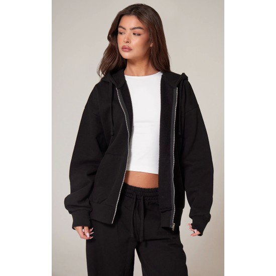 PRETTYLITTLETHING Black Premium Embroidered Zip Front Oversized Hoodie PRETTYLITTLETHING Black Premium Embroidered Zip Front Oversized Hoodie