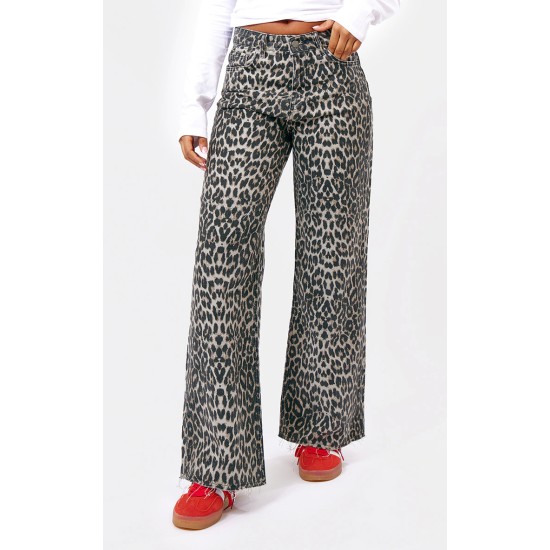 Brown Leopard Print Denim Wide Leg Denim Jean Brown Leopard Print Denim Wide Leg Denim Jean