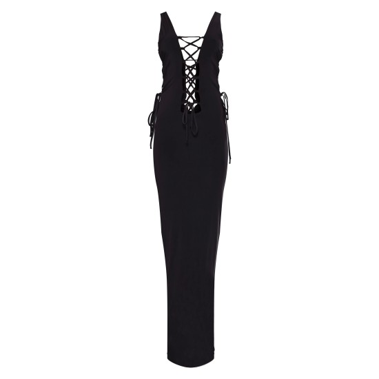 Petite Black Double Layer Lace Up Detail Maxi Dress Petite Black Double Layer Lace Up Detail Maxi Dress
