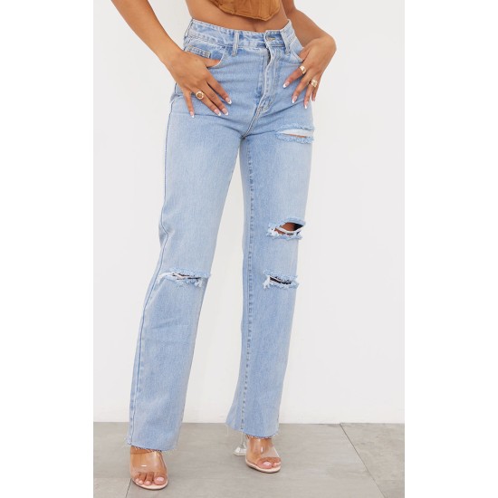 PRETTYLITTLETHING Light Blue Wash Ripped Long Leg Straight Jeans PRETTYLITTLETHING Light Blue Wash Ripped Long Leg Straight Jeans
