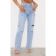 PRETTYLITTLETHING Light Blue Wash Ripped Long Leg Straight Jeans PRETTYLITTLETHING Light Blue Wash Ripped Long Leg Straight Jeans