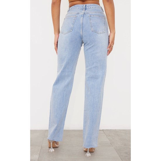 PRETTYLITTLETHING Light Blue Wash Ripped Long Leg Straight Jeans PRETTYLITTLETHING Light Blue Wash Ripped Long Leg Straight Jeans