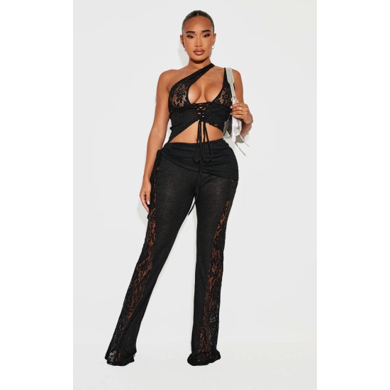Shape Black Fold Over Ribbed Pants With Side Panel Detail Shape Black Fold Over Ribbed Pants With Side Panel Detail