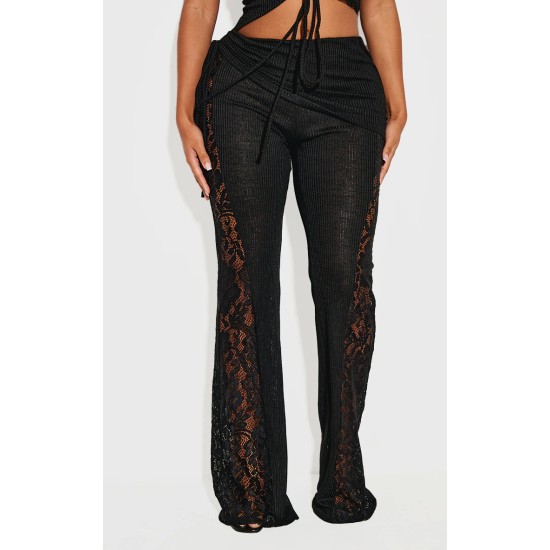 Shape Black Fold Over Ribbed Pants With Side Panel Detail Shape Black Fold Over Ribbed Pants With Side Panel Detail