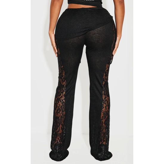 Shape Black Fold Over Ribbed Pants With Side Panel Detail Shape Black Fold Over Ribbed Pants With Side Panel Detail