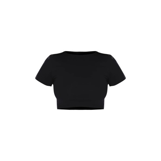 Basic Black Cotton Blend Short Sleeve Crop Top Basic Black Cotton Blend Short Sleeve Crop Top