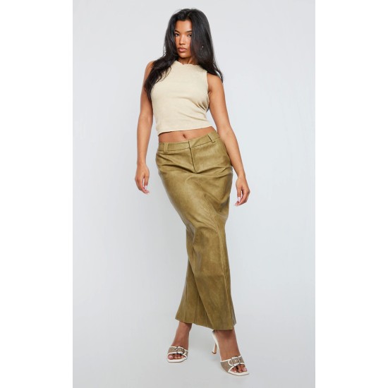 Premium Olive Washed Faux Leather Maxi Skirt Premium Olive Washed Faux Leather Maxi Skirt