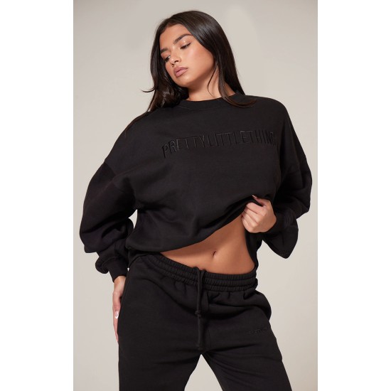 PRETTYLITTLETHING Black Boxy Embroidered Sweatshirt PRETTYLITTLETHING Black Boxy Embroidered Sweatshirt