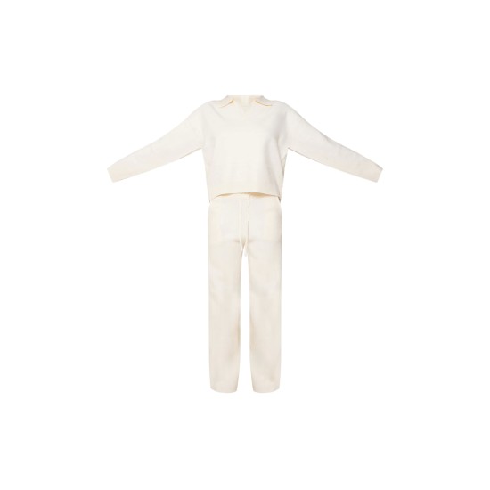 Cream Knitted Polo Neck Sweater And Wide Leg Pants Set Cream Knitted Polo Neck Sweater And Wide Leg Pants Set