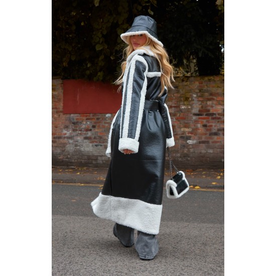 Black Faux Leather Oversized Lapel Borg Lined Belted Coat Black Faux Leather Oversized Lapel Borg Lined Belted Coat