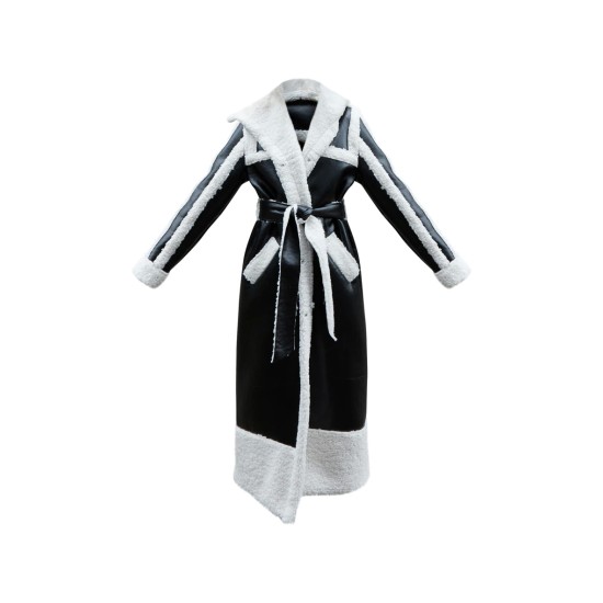 Black Faux Leather Oversized Lapel Borg Lined Belted Coat Black Faux Leather Oversized Lapel Borg Lined Belted Coat