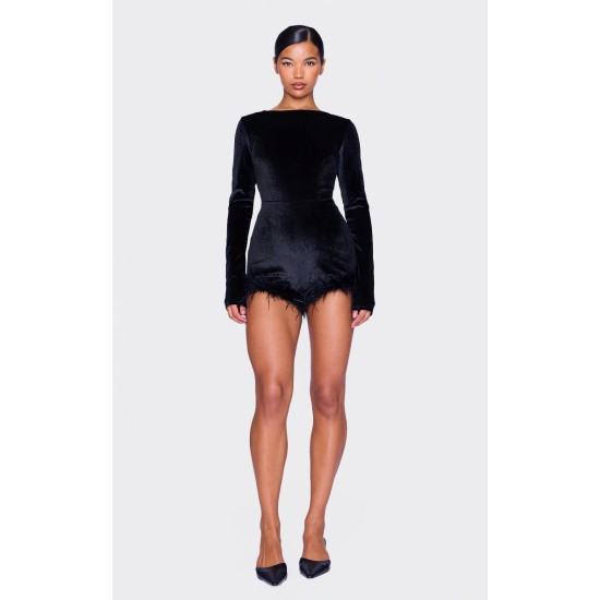 Black Velvet Long Sleeve Feather Trim Romper Black Velvet Long Sleeve Feather Trim Romper