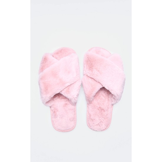 Pink Faux Fur Cross Over Slippers Pink Faux Fur Cross Over Slippers