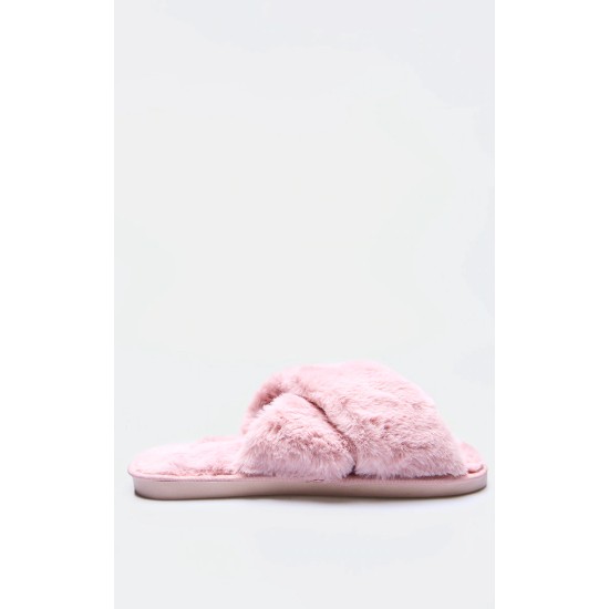Pink Faux Fur Cross Over Slippers Pink Faux Fur Cross Over Slippers