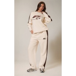 PRETTYLITTLETHING Cream Embroidered Contrast Panel Straight Leg Sweatpants