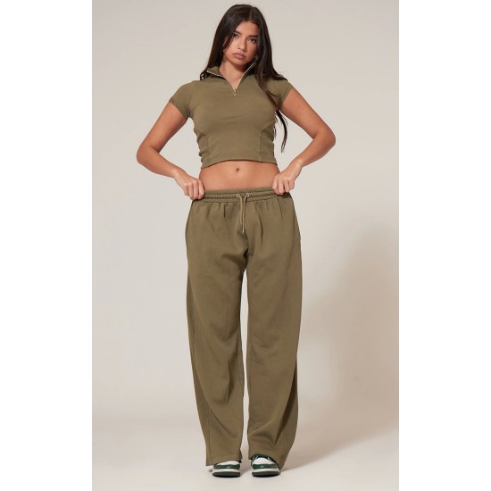 Olive Washed Rib Panel Wide Leg Sweatpants Olive Washed Rib Panel Wide Leg Sweatpants