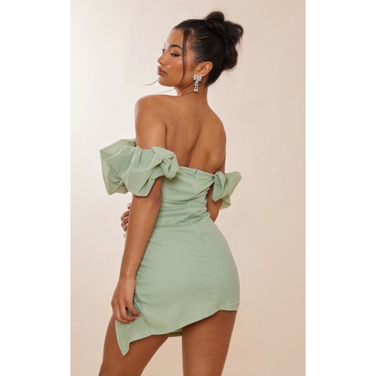 Sage Green Mesh Puff Detail Corset Bodycon Dress Sage Green Mesh Puff Detail Corset Bodycon Dress