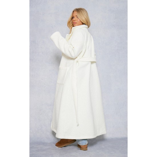 White Boucle Oversized Tie Waist Maxi Coat White Boucle Oversized Tie Waist Maxi Coat