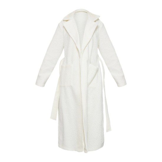 White Boucle Oversized Tie Waist Maxi Coat White Boucle Oversized Tie Waist Maxi Coat