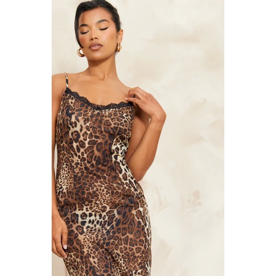 Brown Leopard Print Chiffon Lace Trim Strappy Maxi Dress Brown Leopard Print Chiffon Lace Trim Strappy Maxi Dress