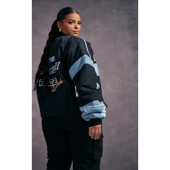 Plus Black Oversized Graphic Zipped Racer Bomber Jacket Plus Black Oversized Graphic Zipped Racer Bomber Jacket