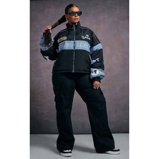 Plus Black Oversized Graphic Zipped Racer Bomber Jacket Plus Black Oversized Graphic Zipped Racer Bomber Jacket