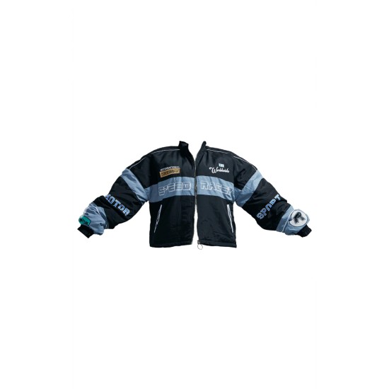 Plus Black Oversized Graphic Zipped Racer Bomber Jacket Plus Black Oversized Graphic Zipped Racer Bomber Jacket