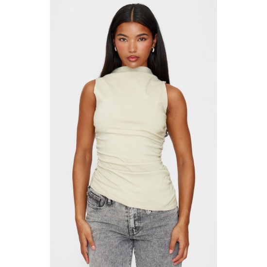 Stone High Neck Ruched Asymmetrical Long Top Stone High Neck Ruched Asymmetrical Long Top