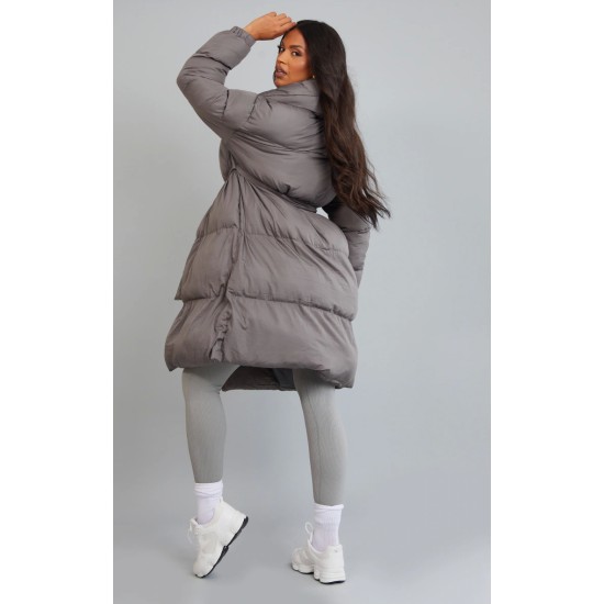 Maternity Grey Oversized Collar Belted Longline Puffer Maternity Grey Oversized Collar Belted Longline Puffer