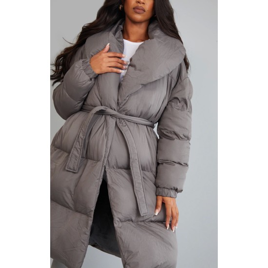 Maternity Grey Oversized Collar Belted Longline Puffer Maternity Grey Oversized Collar Belted Longline Puffer
