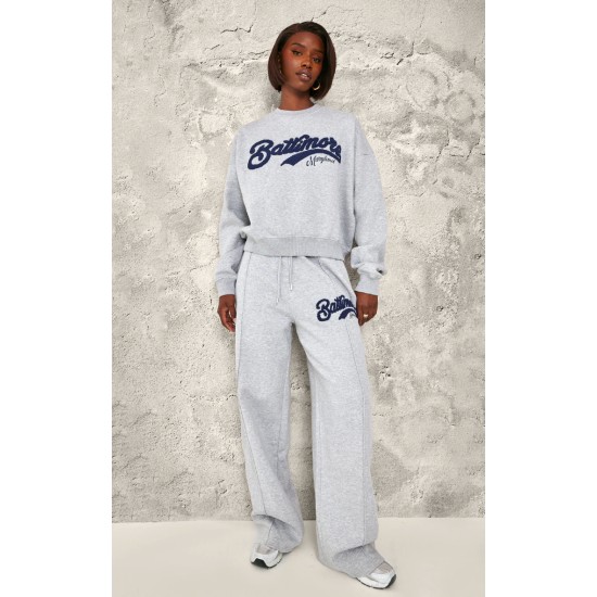 Tall Grey Marl Baltimore Borg Applique Detail Wide Leg Sweatpants Tall Grey Marl Baltimore Borg Applique Detail Wide Leg Sweatpants