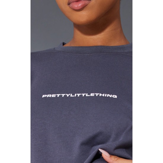 PRETTYLITTLETHING Charcoal Printed Oversized T-shirt PRETTYLITTLETHING Charcoal Printed Oversized T-shirt