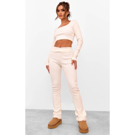 Cream Rib Fold Over Waist Flared Pants Cream Rib Fold Over Waist Flared Pants