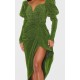 Green Glitter Plisse Puff Sleeve V Bar Draped Midi Dress Green Glitter Plisse Puff Sleeve V Bar Draped Midi Dress
