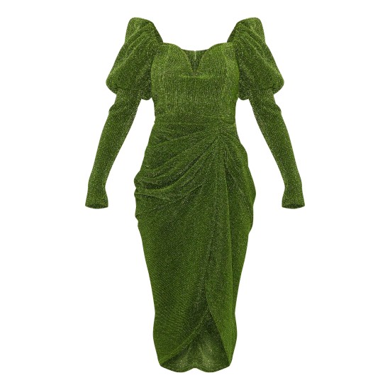 Green Glitter Plisse Puff Sleeve V Bar Draped Midi Dress Green Glitter Plisse Puff Sleeve V Bar Draped Midi Dress
