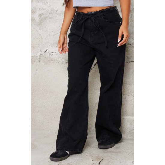 Petite Black Denim Frayed Tie Waist Wide Leg Jeans Petite Black Denim Frayed Tie Waist Wide Leg Jeans
