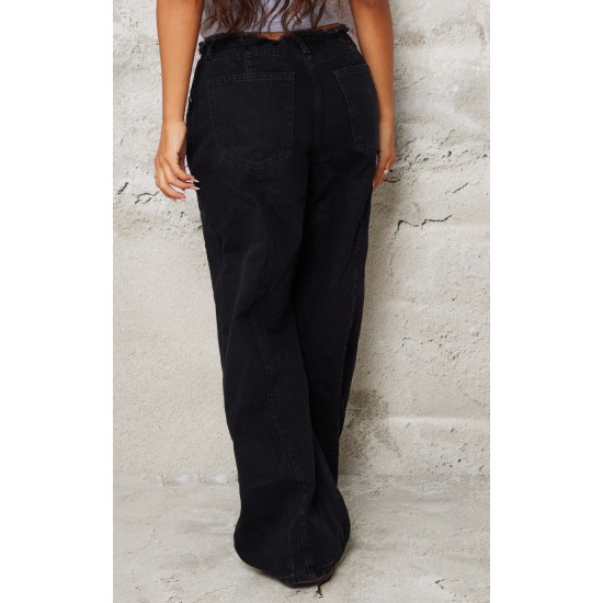 Petite Black Denim Frayed Tie Waist Wide Leg Jeans Petite Black Denim Frayed Tie Waist Wide Leg Jeans