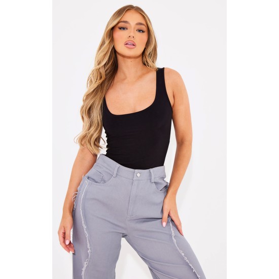Black Basic Slinky Scoop Neck Bodysuit Black Basic Slinky Scoop Neck Bodysuit