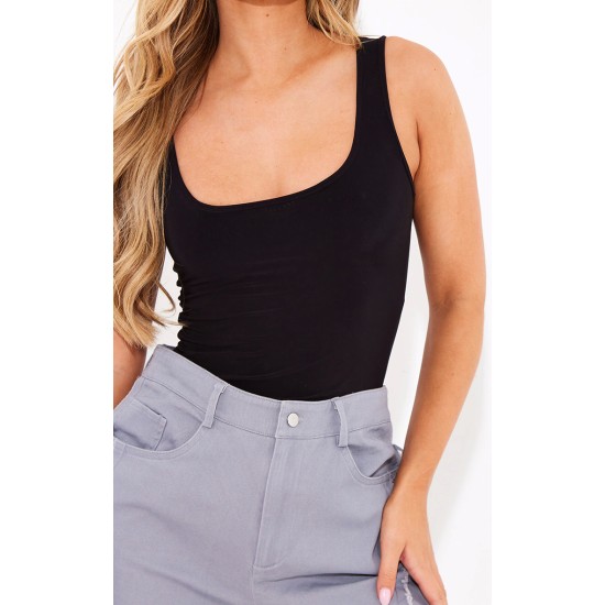 Black Basic Slinky Scoop Neck Bodysuit Black Basic Slinky Scoop Neck Bodysuit