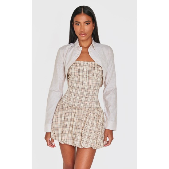 Butter Cream Contrast Pattern Shirt Detail Puffball Dress Butter Cream Contrast Pattern Shirt Detail Puffball Dress