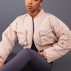 Beige Cropped Ruched Sleeve Utility Pocket Bomber Jacket