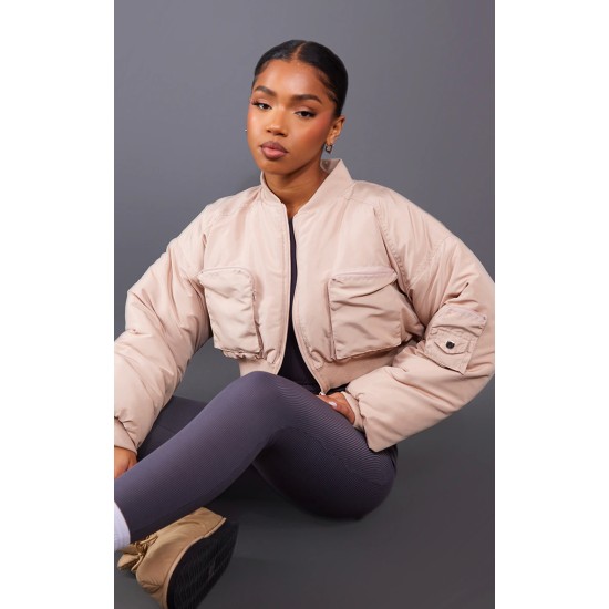 Beige Cropped Ruched Sleeve Utility Pocket Bomber Jacket Beige Cropped Ruched Sleeve Utility Pocket Bomber Jacket