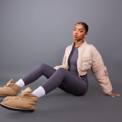Beige Cropped Ruched Sleeve Utility Pocket Bomber Jacket