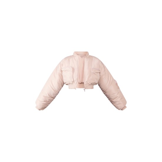 Beige Cropped Ruched Sleeve Utility Pocket Bomber Jacket Beige Cropped Ruched Sleeve Utility Pocket Bomber Jacket